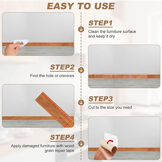 uxcell Wood Tape, 6 Inch x 16ft Self-Adhesive Wood Grain Repair Tape Patch with Plastic Scraper for Baseboards, Doors, Windows, Floor Repair and Furniture Renovation, Red