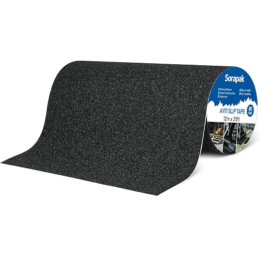 Black Anti Slip Tape 12in x 20ft, 80 Grit Waterproof Non Skid Grip Tape Roll for Ramps, Decks, Boat Decks, Warehouse Floors, Garages, Indoor & Outdoor Use
