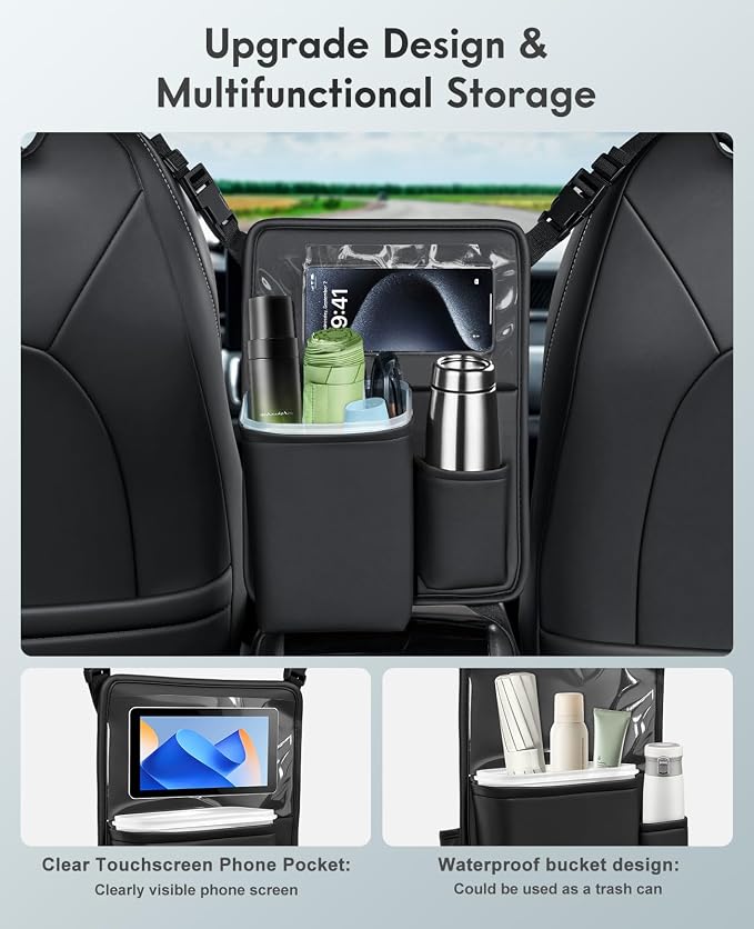FLORICH Car Organizer Storage Between Seats, Premium Leather Car Mesh Organizer with Waterproof Cup Holder, Car Hanging Storage Bag Pocket Between Seats