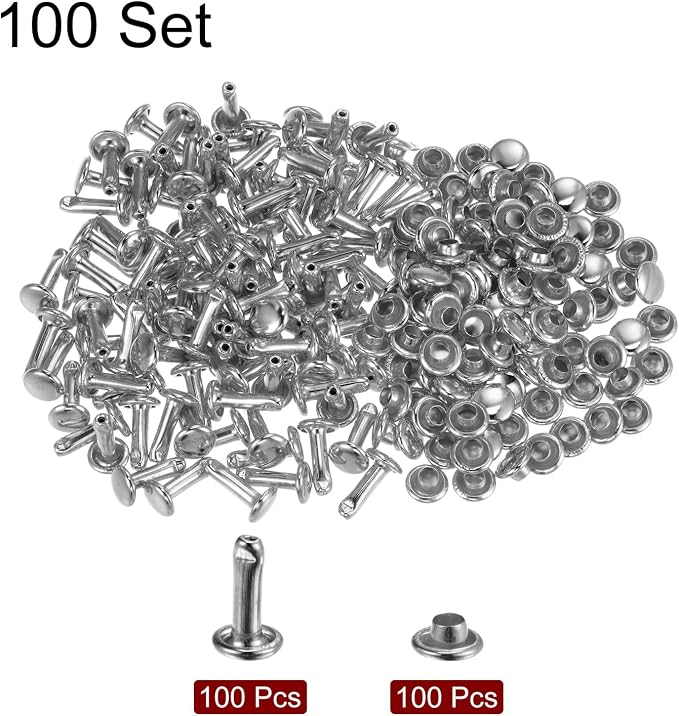 HARFINGTON 100 Sets Leather Rivets 10 x 6mm Metal Double Cap Rivet Snaps Studs Fasteners with 3pcs Setting Tools Rivets for Leather Craft DIY Repair Decoration, Silver Tone