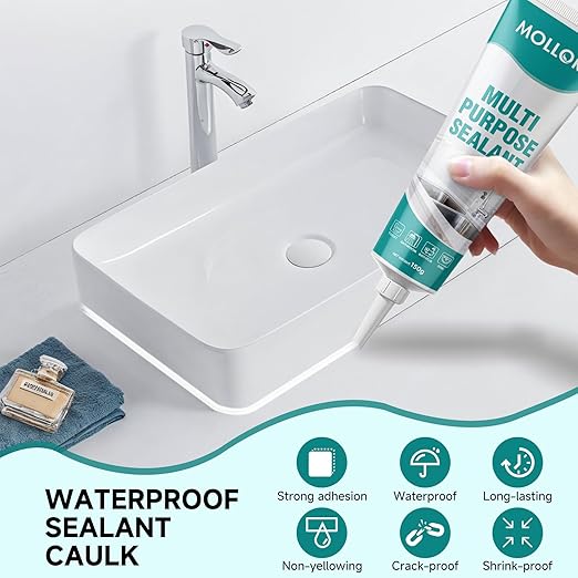 Waterproof Silicone Sealant for Shower, Countertops, White Silicone Caulk for Bathroom & Kitchen, Easy to Use with Tool, Stronger Adhesion, Shrink & Crack Proof (5.29oz Porcelain White)