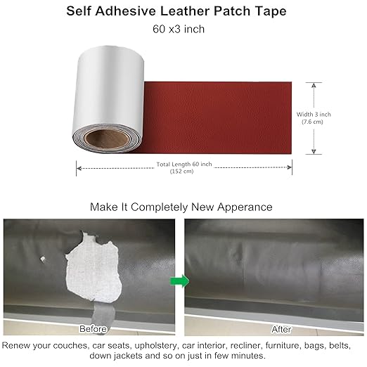 ILOFRI Leather Repair Patch Tape 3x60 inch, Strong Adhesion Backing Self Adhesive Vinyl and Leather Repair Kit for Couch, Car Seats, Boat Seats, Sofa, Upholstery. Bonded Leather Repair Roll - Red