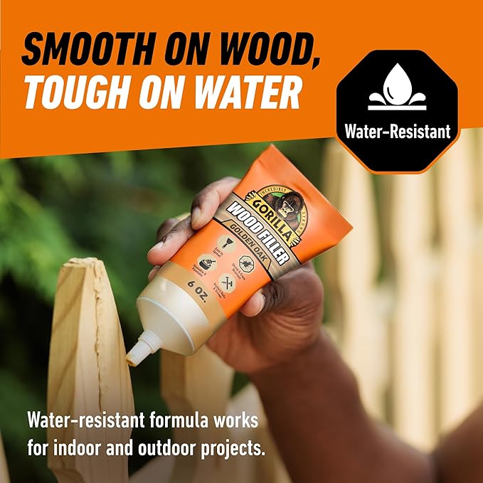 Gorilla All Purpose Wood Filler, Golden Oak Color, 6 Ounce Tube (Pack of 1) - Water Resistant for Indoor or Outdoor Projects and Repairs