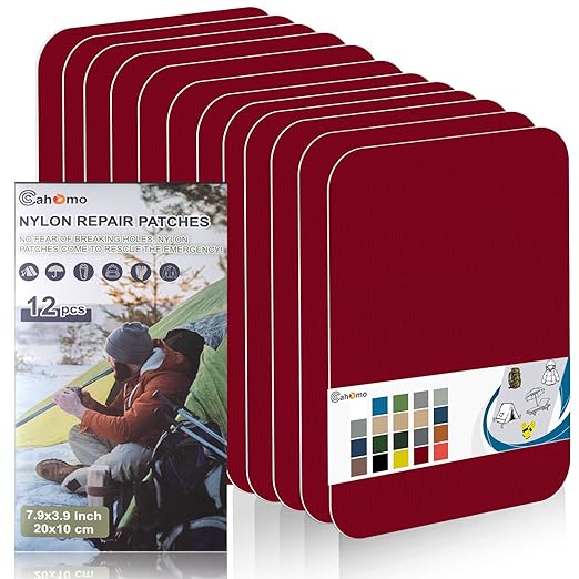 Cahomo 7.9x3.9 inch 12 PCS Nylon Repair Patch Nylon Repair Tape Self Adhesive Fabric Tapes Outdoor Camping Gear Fabric kit for Tent, Umbrella, Down Jackets, Sleeping Bag, Knapsack（Red）