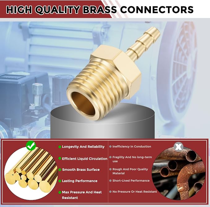 Pack of 8 Brass Hose Barb Fittings Adapter Connector 5/32" Hose Barb to 1/4" NPT Male Fittings for Home Machines, Massage Bathtubs, and Irrigation Systems