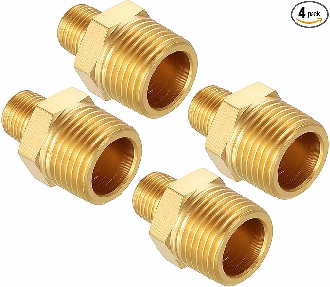 Pack of 4, 3/8" MNPT To 1/8" MNPT Solid Brass Hex Nipple Hose Connectors, Male Pipe Adapter for Pipe Leak Repair, Bathroom Remodeling, Tool Extension, Compression