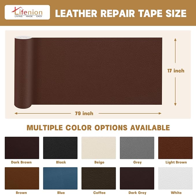 Leather Repair Patch, 17X79 Inch Self Adhesive Leather Repair Tape, Large Vinyl Patch Kit for Couches, Sofa, Furniture, Car Seats, Office Chairs, Cabinets, Handbags（Dark Brown, 17X79 Inch）