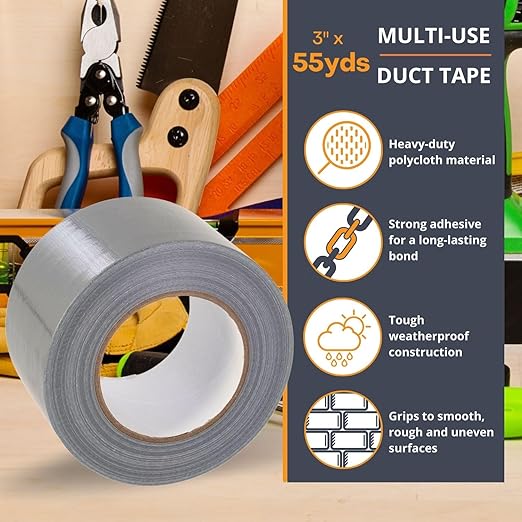GTSE Wide Duct Tape, Silver, 3 Inches x 55 Yards (164 ft), Heavy Duty, Waterproof Repair Tape for Indoor or Outdoor Use, 1 Roll