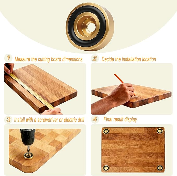 Solid Brass Cutting Board Feet, 4 Pcs with Non-Slip Pads & Screws – for Secure Grip and Surface Protection on Butcher Block, Kitchen Island, Table, Cabinet (1.18X0.4 in)