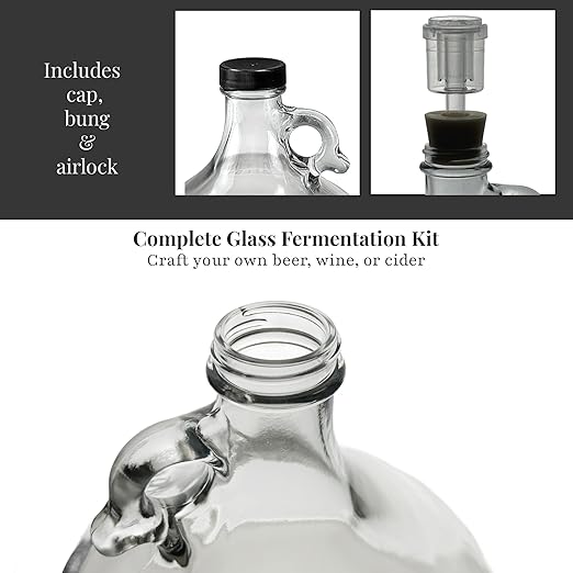 North Mountain Supply 1 Gallon Glass Fermenting Jug with Handle, 6.5 Rubber Stopper, 2-Piece Airlock, Black Plastic Lid - Set of 1