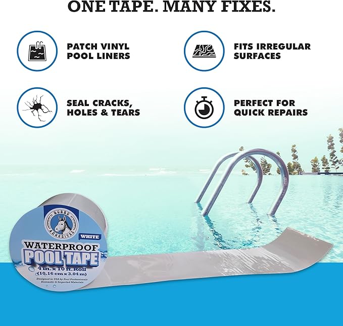 Burro Adhesives Waterproof White Pool Tape 4" x 10' - Heavy Duty PVC Vinyl Pool Repair for Underwater & Dry Applications, Commercial & Residential Pools, Instantly Seals Leaks