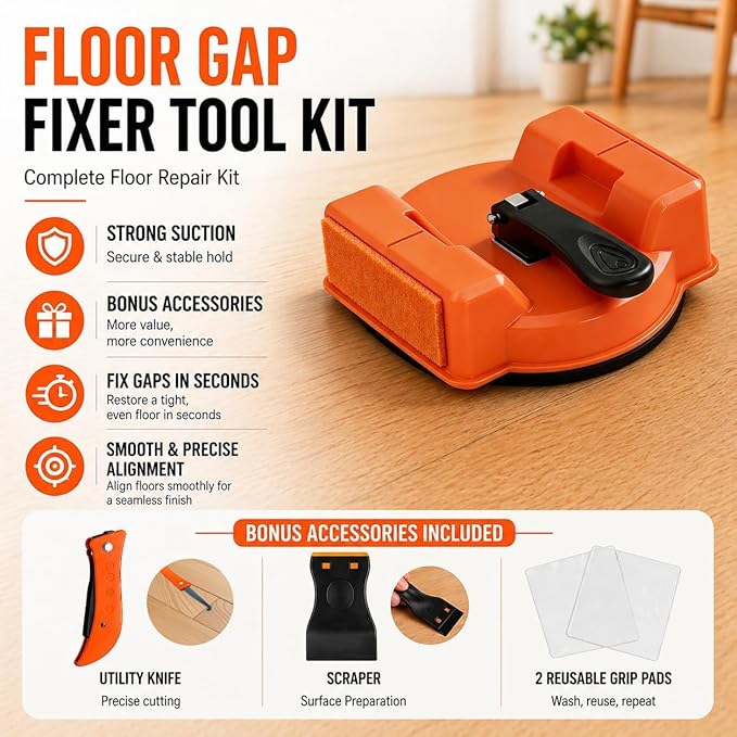 Floor Gap Fixer Tool for Laminate Flooring, Heavy Duty Floor Gap Repair Tool with Strong Suction Cup, Floor Gap Puller for Wood, Tile & Vinyl Floors, Includes Repair Accessories