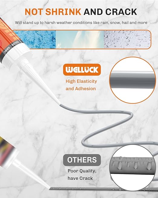 WELLUCK Gray Silicone Caulk, 100% Waterproof Silicone Sealant Adhesive Caulking,for RV, Kitchen,Bathroom, Window, Door, Glass,10.2FL.OZ/300ML（4 Pack）