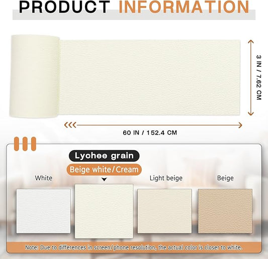 Leather Repair Patch, 3 x 60In Self Adhesive Leather Repair Tape Kit for Furniture, Couch, Sofa, Office, Car Seats, Car Interior, Vinyl Repair Kit (Beige White/Cream)