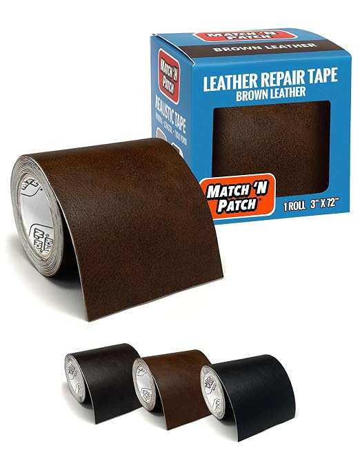 MATCH 'N PATCH Brown Leather Repair Tape, 3" x 72" for Furniture | Realistic Faux Leather Patches for Couch, Sofa, Upholstery, Car Seat & Other Furniture, Vinyl Repair Kit, Self Adhesive Patch
