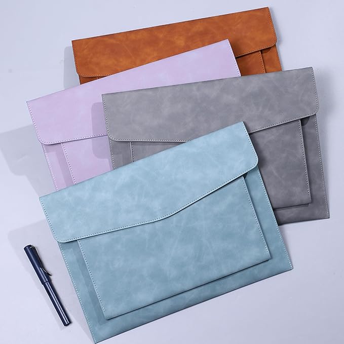 PU Leather A4 File Folder Document Holder with 2 Compartments Envelope Folder Case with Snap Closure for Receipt Contract (Blue)