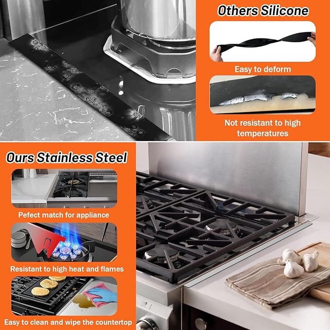 Stainless Steel Stove Gap Covers (2PCS),Stove Gap Filler,Range Trim Kit,Stove Guard for Kitchen Oven Gap Between Stovetop and Counter,Easy Clean Heat Resistant,Adjustable Length 13.8'' to 27.5''Silver