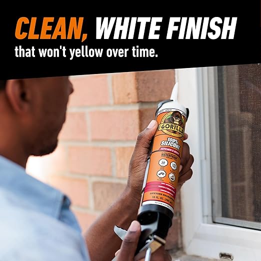 Gorilla 100% Silicone Caulk Kitchen & Bath Sealant, Mold Resistant, 10 oz. Cartridge, White