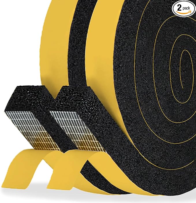 High Density Foam Tape Air Conditioner Window Seal, 1x1 Inch Thick Foam Stripe with Adhesive for Window AC Insulation, Weather Stripping for Doors and Windows Insulation, AC Foam Tape, Black