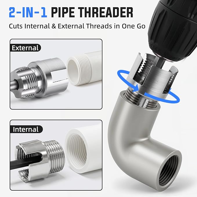 Valkynos 3PCS Internal & External Pipe Threading Tool, 1/2'' 3/4'' 1'' PVC Pipe Threader Kit with Storage Case, Heavy-Duty Alloy Steel, Electric Drill Compatible for Plumbing and Home Repair