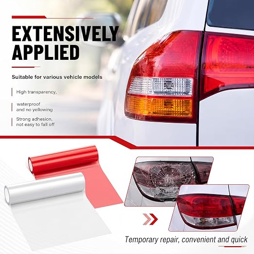 Patelai 2 Rolls 9.84 ft X 5.9 Inches Self Adhesive Repair Light Tape Auto Tail Light Fog Lights Headlight Lens Tint Tape (Red, Clear)
