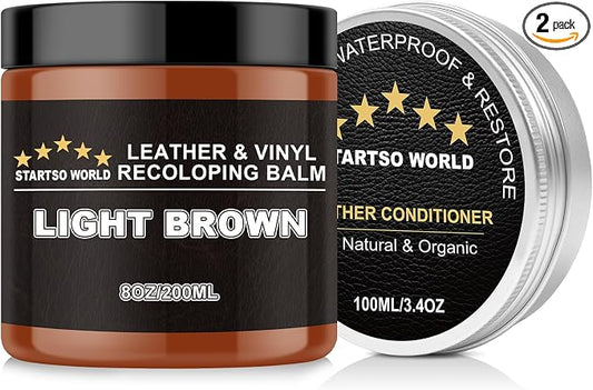 STARTSO WORLD 200Ml Leather Recoloring Balm with 100ML Leather Conditioner, Light Brown Leather Repair Kit for Furniture, Leather Dye, Leather Scratch Repair, Leather Couch Paint