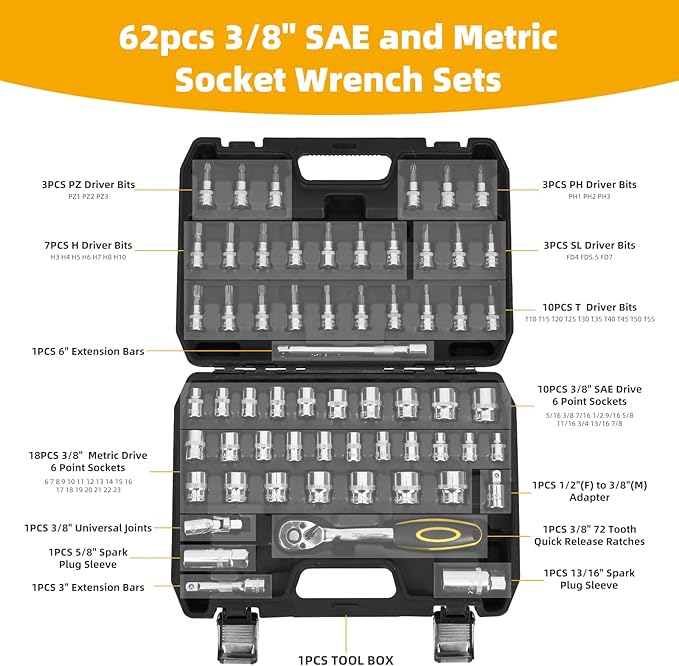 TILIBOTE Socket Wrench Set, 62PCS 3/8" Ratcheting Wrench Set With 72 Tooth Count Ratchet, SAE & Metric From 5/16" - 7/8 ", 6mm - 23mm,Tool Set For Home Use and Automotive Repair