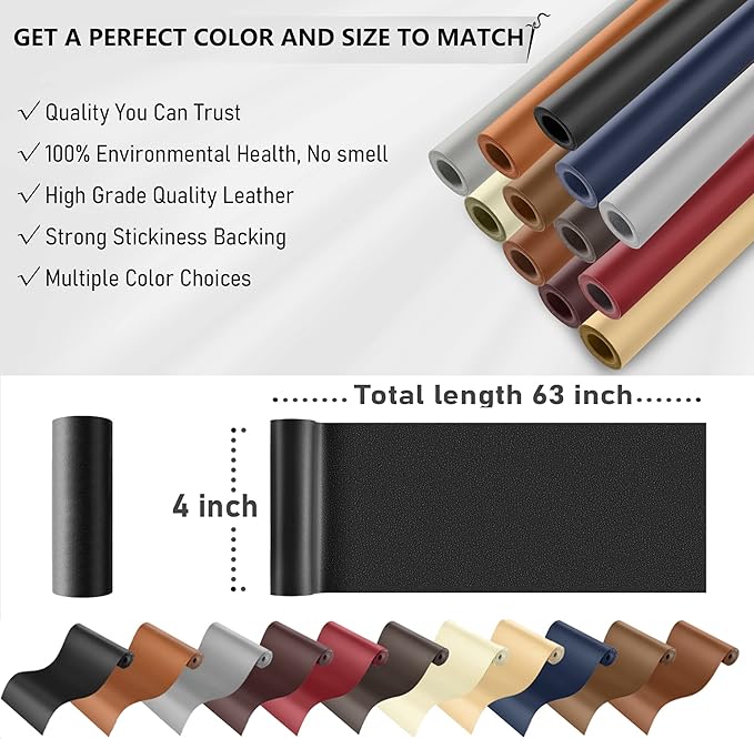 YAFLC Self Adhesive Leather Repair Tape Kit, 4"x 63" Leather Repair Patch for Furniture, Leather Repair Patch for Car seat, Sofas, Couch, Boat Seat Black