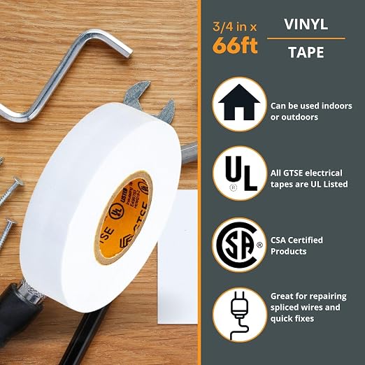 GTSE White Electrical Tape, 3-Pack – Waterproof, Industrial Grade Vinyl, 3/4 in x 66ft– Strong Self-Adhesive PVC Electric Tape for Wire Insulation, 7 Mil, 600V – UL/CSA Listed