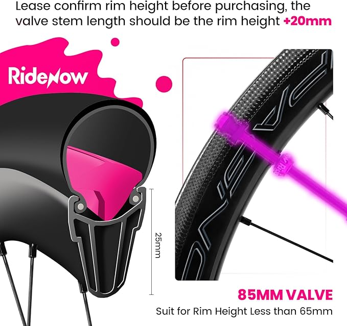 RideNow Tubeless Presta Valve Stems, 85mm Super Light 7075 Aluminum Alloy Presta Tubeless Valve Stem Kit with Valve Core Remover Tool and Valve Stem Caps, Multiple Color and Size Options(Pair), Purple