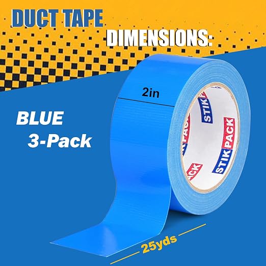 3 Rolls Blue Duct Tape, Heavy Duty Strong Industrial Colored Duct Tape 9mil x 2inch x 25yds Flexible, No Residue, Waterproof and Tear by Hand, Multi-Use for Indoor & Outdoor Repairs