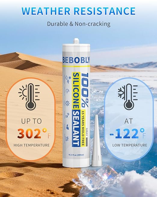 Silicone Caulk & Sealant Gray, 100% Waterproof Silicone Sealant, Shrink & Crack Proof, Silicone Caulking for Kitchen, Bathroom, RV, Interior & Exterior Use, 10.2 FL. OZ/300ML, 4 Pack