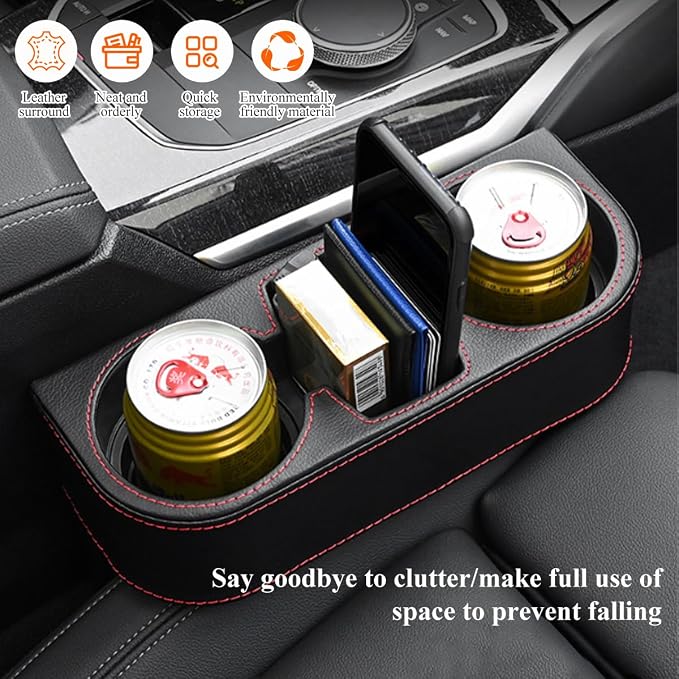 DXNQ Car Cup Holder Gap Filler Organizer, Multifunctional Auto Front Console Gap Filler with Cup Holder, Leather Extra Cup Holder Storage Box for Car Truck SUV, Car Accessories (Black)
