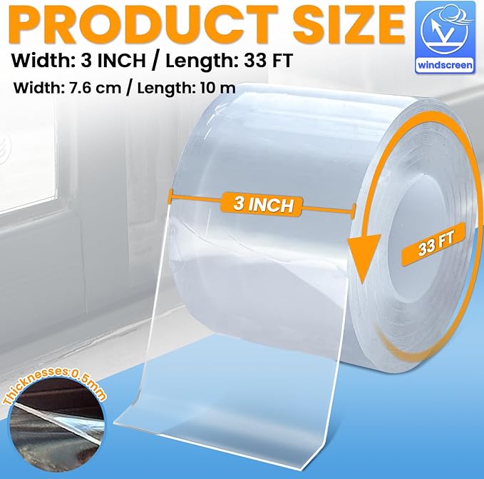 Transparent Window Weather Sealing Tape 3 Inch x 33 FT Clear Window Insulation Sealing Tape No Residue Sealing Film Tape