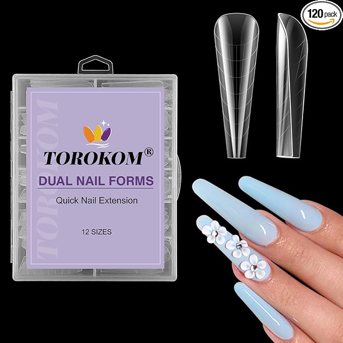 TOROKOM 120Pcs Poly Extension Gel Dual Forms Clear Tips Set - Acrylic False Nails With 12 Sizes Square Stiletto Gel Forms Full Cover Reusable Molds