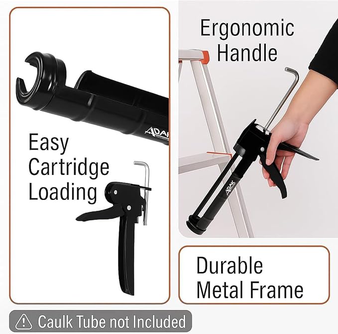 ADAK - Professional Caulking Gun, 10:1 Thrust Ratio, Caulking Gun No Drip, Hand Tool for Silicone & Sealant Application, Smooth Pressure Caulk Gun, Caulking Gun Tool (Whole Black)