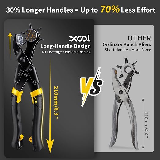XOOL Upgraded Long Handle Leather Hole Punch Set, Punch Pliers with Effort-Saving Design, Ideal for Belts, Shoes, Saddles & DIY Leather Work