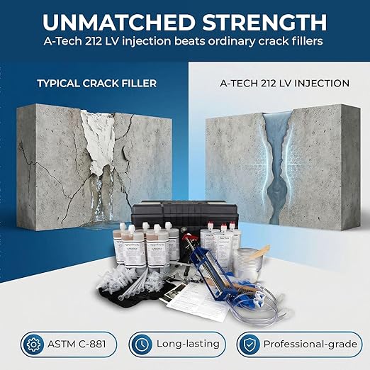 30ft Epoxy Foundation Wall Crack Repair Kit, A-Tech 212 LV Injection System, ASTM C-881 Structural Concrete Crack Repair, Basement Wall Leak Sealant & Foundation Concrete Filler, Tough Waterproof Seal