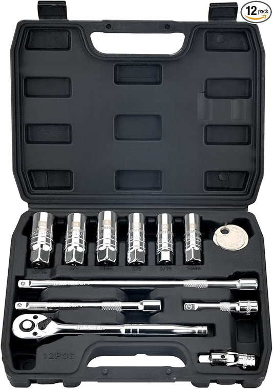 AEROFORCE 12PCS 3/8" Drive Spark Plug Socket Set with Ratchet Handle, Universal Joint, Extension Bar & Spark Plug Gapper, Fits 9/16", 5/8", 3/4", 13/16", 14mm, 18mm, CR-V Steel with Rubber Holder Ring