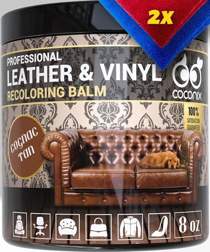 COCONIX Leather & Vinyl Recoloring Balm - Cognac Tan | Restore Faded, Worn, and Peeling Leather and Vinyl on Sofas, Chairs, and Car Seats | Vibrant Colors with Simple Application