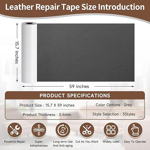 Leather Repair Tape, self-Adhesive Leather Repair Patch, for car seat Repair, Suitable for Sofas, Furniture, Seats, Strong Adhesive Leather Repair Tape (Gray, 15.7 x 59in)