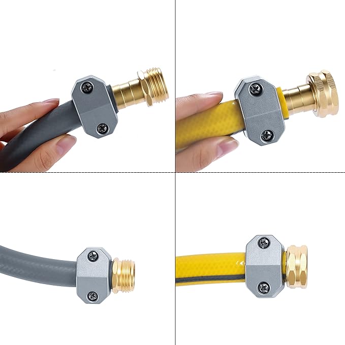 Garden Hose Repair Connector Fitting, Brass Mender Female and Male Hose End Connector with Zinc Clamp, Fit 5/8-Inch and 3/4-Inch Garden Hose, 2 Sets