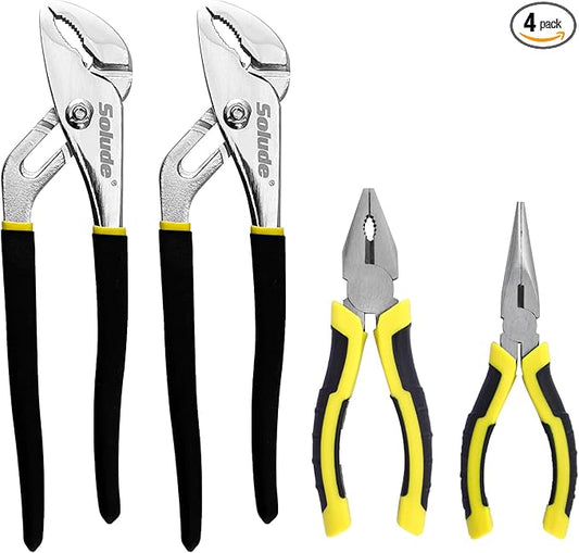 4-Piece Pilers Set with10 Inch Groove Joint Pliers, Adjustable Wrench and 6 Inch Long Nose, Lineman's Pliers for Home Use and DIY Project
