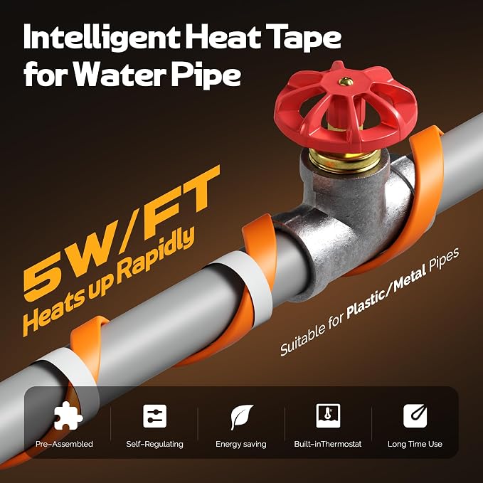 Heat Tape for Water Pipes with Thermostat, Anti-Freeze, Electric Heat Tape, Keeps Water Flowing at -22℉/-30℃, 30FT, Orange, Listed 120V