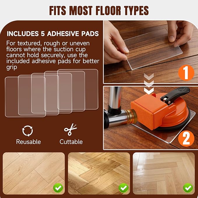 Floor Gap Fixer Tool, Heavy Duty Floor Suction Cup with 5 Non-Slip Pads, Carbon Steel Construction for Vinyl Plank, Laminate & Wood Flooring