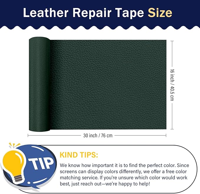 Zenyao Leather Repair Patch Tape - Self Adhesive Leather Repair Kit for Car Seat Furniture, Heavy Duty Vinyl Repair Patch for Couch Sofa, Waterproof Fix for Tears, 16x30 Inch Roll, Dark Green