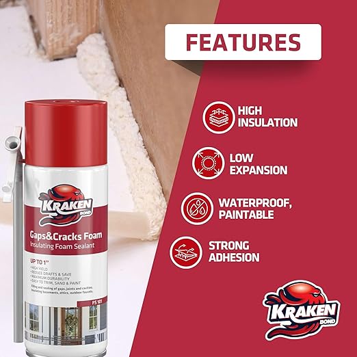 Kraken Bond Gaps & Cracks Expanding Foam Sealant - (24x12oz) High Expansion Polyurethane Spray Foam for Window & Door, Straw Use Waterproof High Yield Gap Filler - 24 Pack
