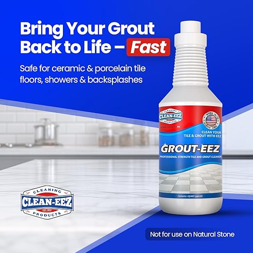 Clean-eez Grout-eez Tile Cleaner with Stand-Up Brush Head – Heavy-Duty Stain Remover for Ceramic and Porcelain Floors – Safe for Colored Grout – Not for Natural Stone – Pole Not Included - 32 oz
