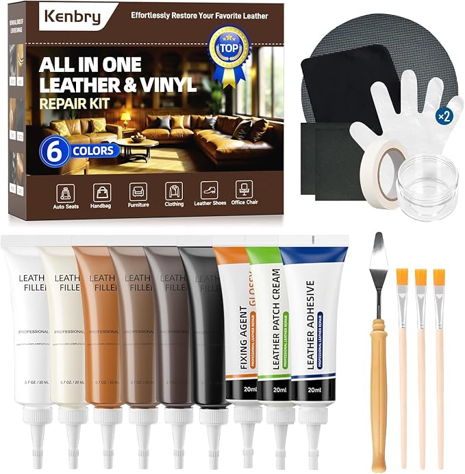 Kenbry Leather Repair Kit, Vinyl Repair Kit for Car Seat, Couch & Furniture, Leather Filler & Scratch Repair for Auto Interior, Leather & Vinyl Restoration