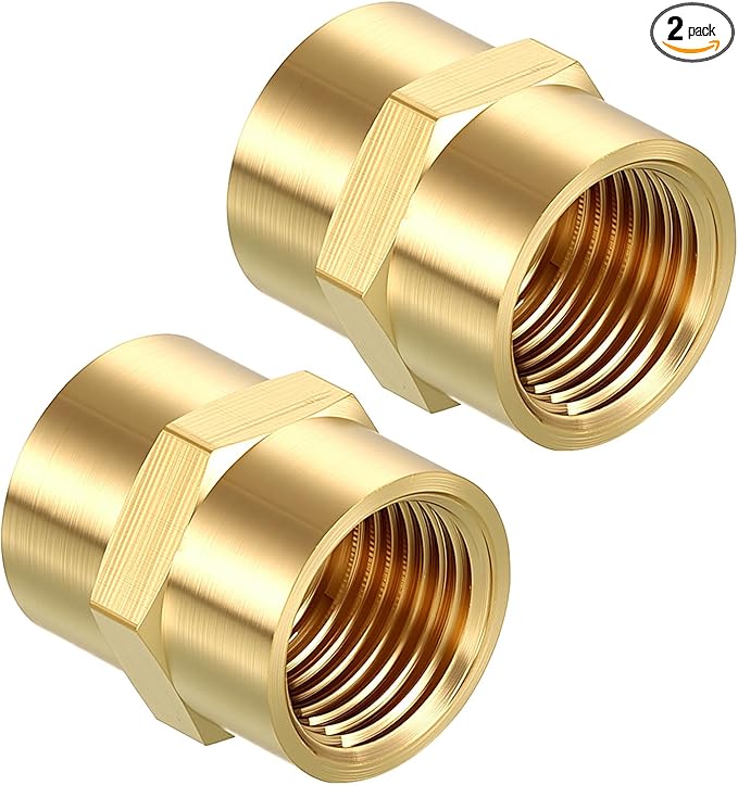 Pack of 2, 3/8" NPT FeMale to 3/8" NPT FeMale Solid Brass Pipe Fitting Coupler, Brass Coupling Hose Fittings Adapter for Pipe Leak Repair, Bathroom Remodeling, Tool Extensions
